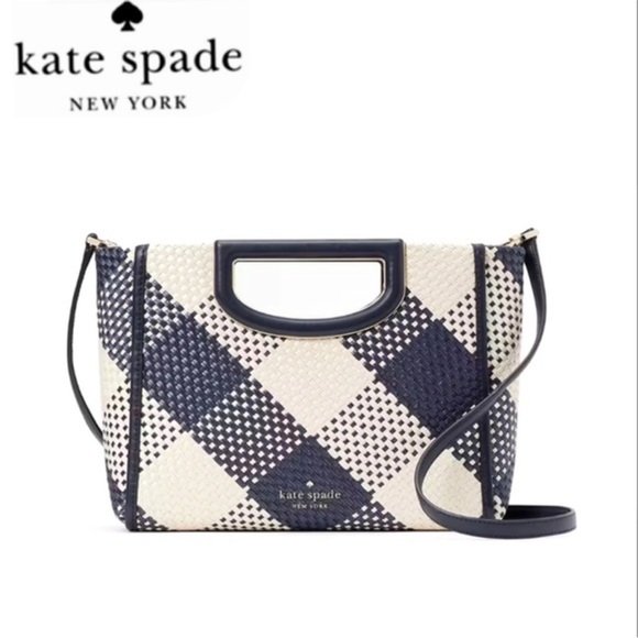 ♠️ Kate Spade Alexia Oversized Gingham Woven Straw Clutch Crossbody, Blazer Blue - Picture 1 of 11